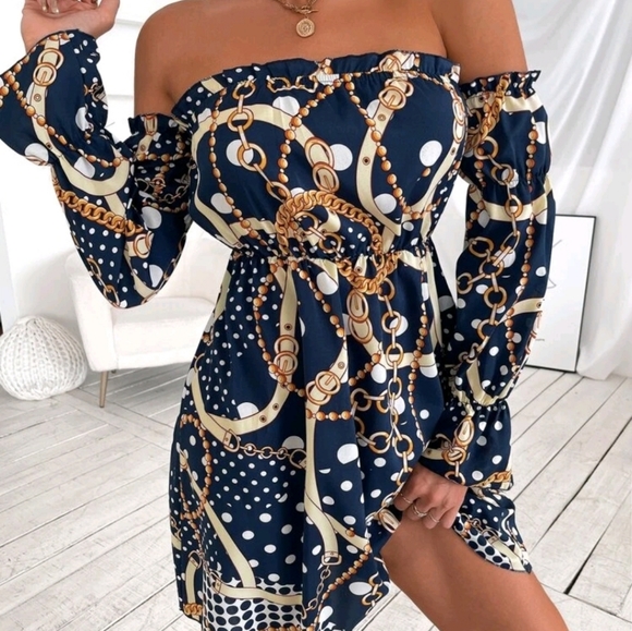 New🎀 Chain Print Dress Without Belt - Picture 5 of 6